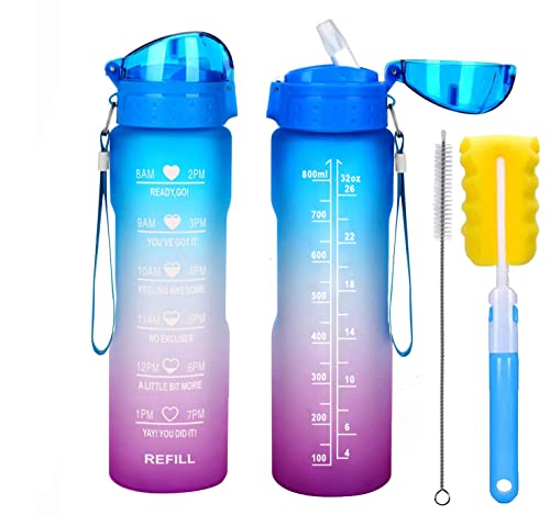 XACIOA 32oz Water Bottle with Straw & Motivational Time Marker, Leakproof BPA Free ,Ensure You Drink Enough Water Throughout The Day for Fitness and Outdoor Enthusiasts(With Straw Brush & Cup Brush)