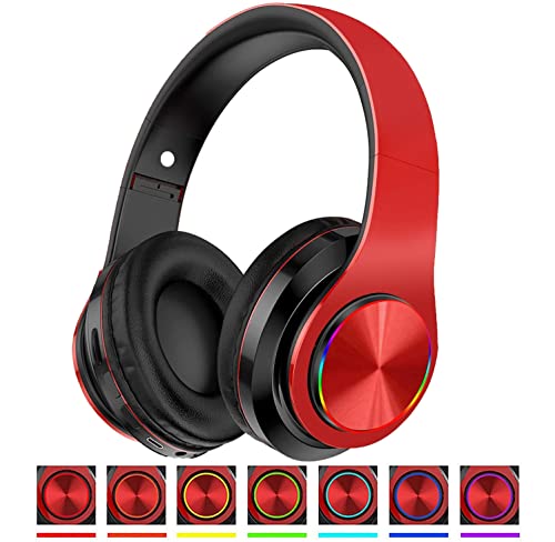 Bluetooth Headphones Over Ear Headphones with Deep Bass LED Foldable Stereo Headphones, Wired and Wireless Headset for Smart Phone/TV/PC(Red/Black)
