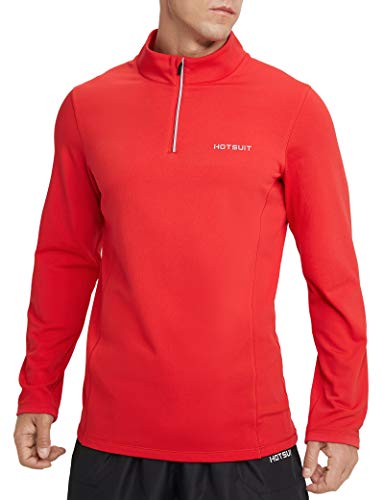 HOTSUIT 1/4 Zip Pullover Mens Running Shirt Quarter Zip Fleece Pullover Long Sleeve Quick Dry Lightweight Reflective Red XL
