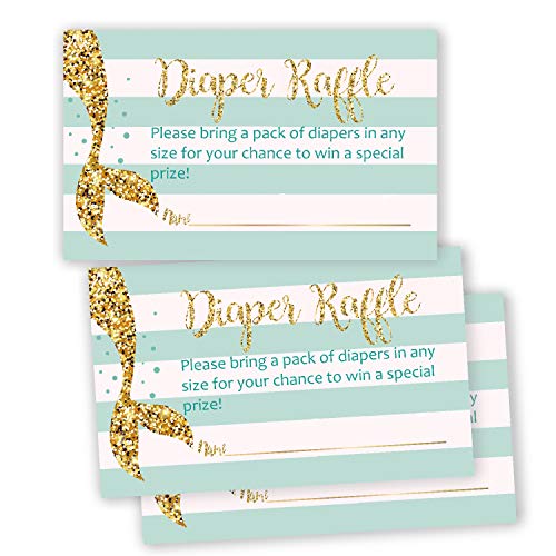 50 Mermaid Baby Shower Diaper Raffle Tickets, Lottery Insert Cards for Neutral Gender Reveal Party, Bring a Pack of Diapers to Win Favors.