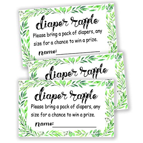 50 Greenery Leaf Baby Shower Diaper Raffle Tickets, Lottery Insert Cards for Neutral Gender Reveal Party, Bring a Pack of Diapers to Win Favors.
