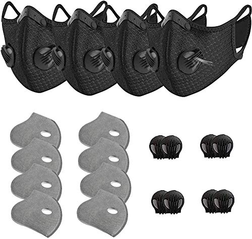 5 Pack Unisex Adjustable Reusable Washable Dust Protect Mouth Cover with 10 Carbon Filters and 10 Breathing Valves for Bicycle Running Riding Cycling Outdoor Sport Black