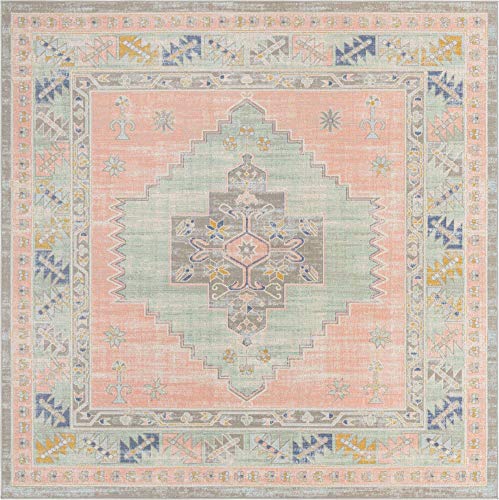 Unique Loom Whitney Collection Southwestern Geometric Area Rug (8′ 0 x 8′ 0 Square, Powder Pink)
