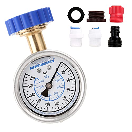 MEASUREMAN 2-1/2″ Water Pressure Gauge Kit 6 Parts Kit, Lead-Free Brass, 2-1/2″ dial, 0-200 Psi，Glycerin Filled,3/4″ Hose Thread, Plus 5 Adapters