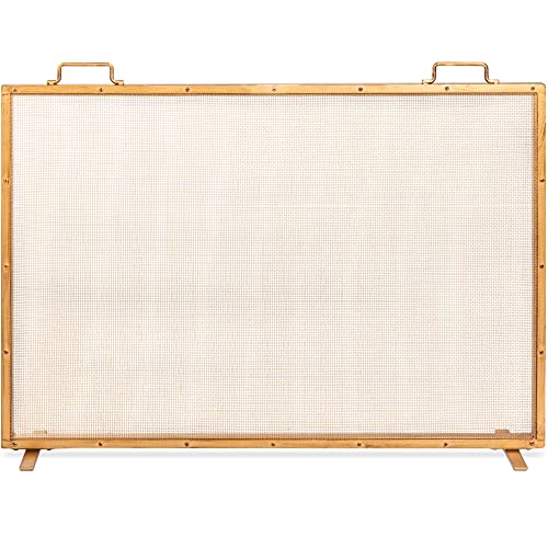Best Choice Products 38x27in Single Panel Fireplace Screen Handcrafted Steel Mesh Spark Guard for Living Room, Bedroom Décor w/Handles – Antique Gold