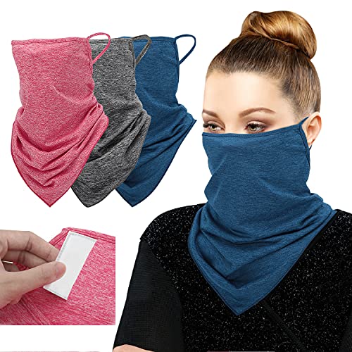MoKo Scarf Mask Bandana with Ear Loops 3 Pack, Neck Gaiter Balaclava with Filter Pocket UV Sun Protection Face Mask for Dust Wind Motorcycle Cycle Bandana Headband for Women Men, Magenta/Blue/Gray