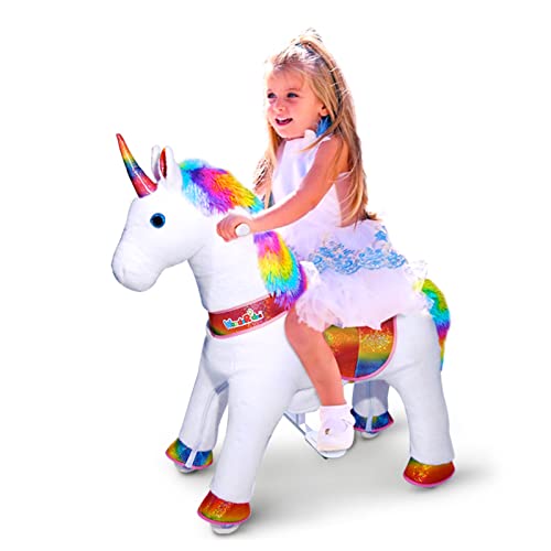 WondeRides Ride on Unicorn Plush Horse Toy for Girls Walking Animal Giddy up Pony Medium Size 4 for Age 4-9 (36 inch Height), Mechanical Riding Horse with Wheels