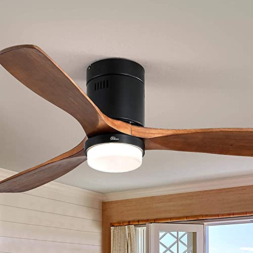 Sofucor Low Profile Ceiling Fan, Flush Mount Ceiling Fan with Lights and Remote Control, 52” Wood Ceiling Fan for Living Room, Bedroom & Covered Outdoor