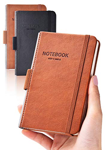 AISBUGUR Pocket Notebook Small Notebook 2-Pack, 3.5″ x 5.5″ Pocket Notebooks Hardcover with Thick Lined Paper, Inner Pockets, Cover Letter Embossing Design Mini Journal Notepad 1Black 1Brown Leather