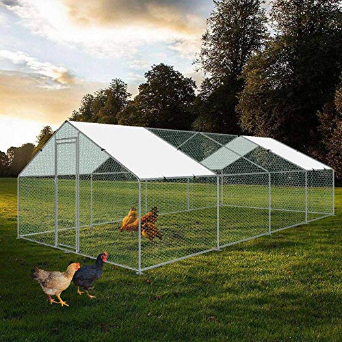 Large Chicken Coop Walk-in Metal Poultry Cage House Rabbits Habitat Cage Spire Shaped Coop with Waterproof and Anti-Ultraviolet Cover for Outdoor Backyard Farm Use (9.8′ L x 26.2′ W x 6.56′ H)