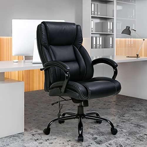 Big and Tall Office Chair 500lbs Ergonomic PU Leather Executive Office Chair w/Built-in Massage Lumbar Support Thick Padding Headrest & Padded Armrest, High Back Computer Desk Chair for Home Office