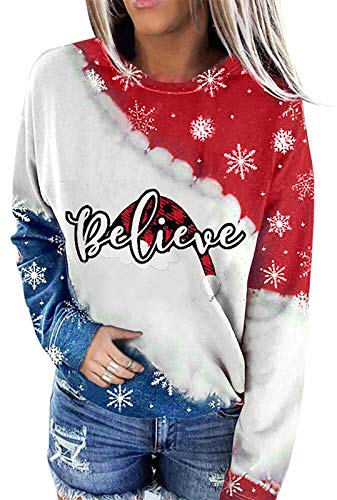 ASTANFY Christmas Sweatshirts for Women Believe Christmas T-Shirt Funny Letter Print Chrismas Pullover Lightweight Shirt