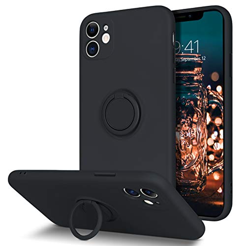 BENTOBEN iPhone 11 Case, Slim Silicone Kickstand with 360° Ring Holder Support Car Mount Soft Gel Rubber Hybrid Hard Drop Protection Shockproof Bumper Anti-Scratch Nonslip Girl Women Cover, Black