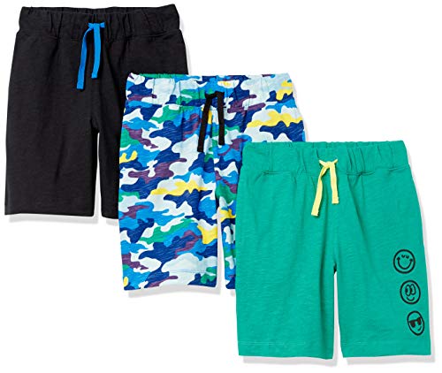 Amazon Essentials Boys’ Knit Jersey Play Shorts (Previously Spotted Zebra), Pack of 3, Black/Blue/Green, Camo/Emoji, Medium