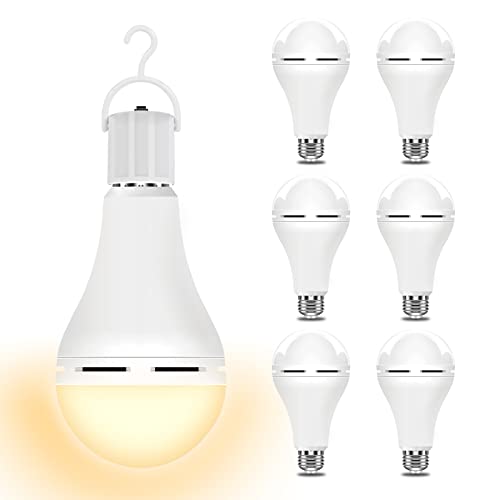 3000K 6PK Emergency-Rechargeable-Light-Bulb, Stay Lights Up When Power Failure, 1200mAh15W 80W Equivalent LED Light Bulbs for Home, Camping, Tent