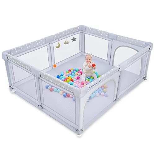 Baby Playpen, ANGELBLISS Playpen for Babies and Toddlers, Extra Large Play Yard with Gate, Indoor & Outdoor Kids Safety Play Pen Area with 3 Plush Toys, Star Print (Grey, 71″×59″)