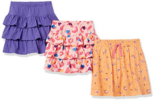 Amazon Essentials Girls’ Knit Ruffle Scooter Skirts (Previously Spotted Zebra), Pack of 3, Purple/Light Pink/Orange, Large