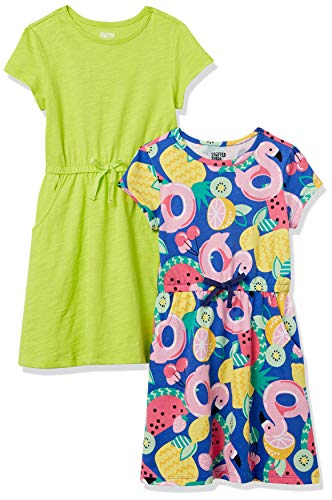 Amazon Essentials Girls’ Knit Short-Sleeve Cinch-Waist Dresses (Previously Spotted Zebra), Pack of 2, Lime Green/Blue, Fruit, X-Small