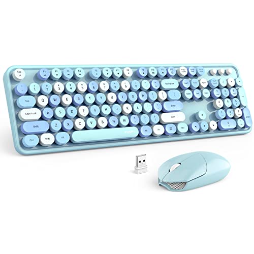 Wireless Keyboard and Mouse Combo, MOFII Blue Colorful Round Key Typewriter Keyboards, 2.4GHz Full Size Keyboard Computer Mice, USB Receiver Plug and Play, for Laptop, PC, Chromebook, Smart TV