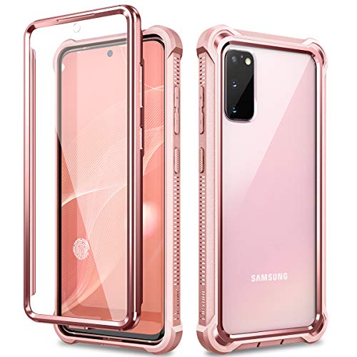Dexnor for Galaxy S20 Case with Screen Protector Clear Electroplated Metal 360 Full Body Rugged Protective Shockproof Hard Cover Heavy Duty Defender Bumper Case for Samsung Galaxy S20 5G – Pink