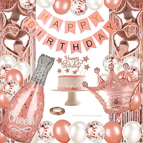 Rose Gold Party Decorations Set,Happy Birthday Confetti Balloons with DIY Cake Topper, Banner, Fringe Curtain,Champagne Foil Balloons,Star Heart Foil Balloons,Crown Balloons for Birthday Supplies