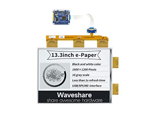 waveshare 13.3inch E-Paper E-Ink Display HAT Compatible with Raspberry Pi4B/3B+/3B/2B/B+/A+/Zero/Zero W/WH/Zero 2W 1600×1200 Pixels Black/White 2-16 Grey Scales USB/SPI/I80 Supports Partial Refresh