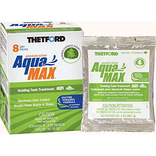 Thetford AquaMAX Summer Cypress Scent RV Holding Tank Treatment, Formaldehyde Free, Waste Digester, Septic Tank Safe, 8 Count Dripack (96674)