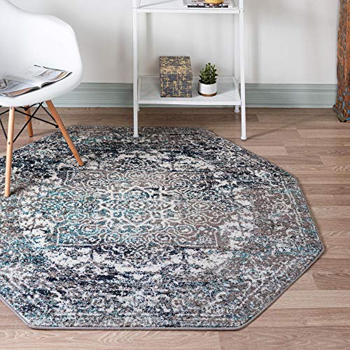 Rugs.com Arlington Collection Rug – 5 Ft Octagon Grey Medium-Pile Rug Perfect for Living Rooms, Kitchens, Entryways