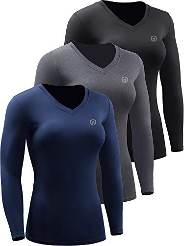 NELEUS Women’s 3 Pack Compression Shirts Long Sleeve Yoga Athletic Running Shirts,V-Neck,Black/Grey/Navy Blue,L