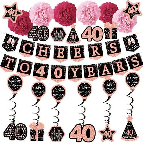 40th birthday decorations for women – (21pack) cheers to 40 years rose gold glitter banner for women, 6 paper Poms, 6 Hanging Swirl, 7 decorations stickers. 40 Years Old Party Supplies gifts for women