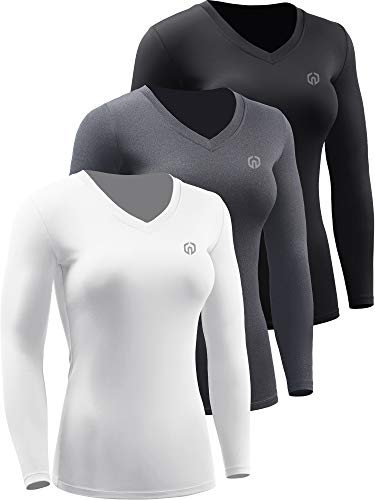 NELEUS Women’s 3 Pack Compression Shirts Long Sleeve Yoga Athletic Running Shirts,V-Neck,Black/Grey/White,L