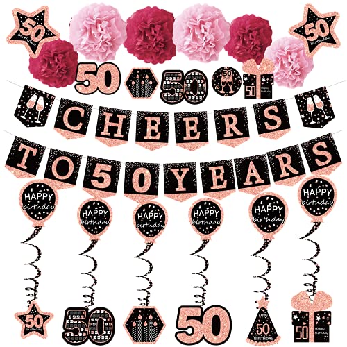 50th birthday decorations for women – (21pack) cheers to 50 years rose gold glitter banner for women, 6 paper Poms, 6 Hanging Swirl, 7 decorations stickers. 50 Years Old Party Supplies gifts for women