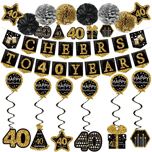40th birthday decorations for men – (21pack) cheers to 40 years black gold glitter banner for women, 6 paper Poms, 6 Hanging Swirl, 7 decorations stickers. 40 Years Old Party Supplies gifts for men