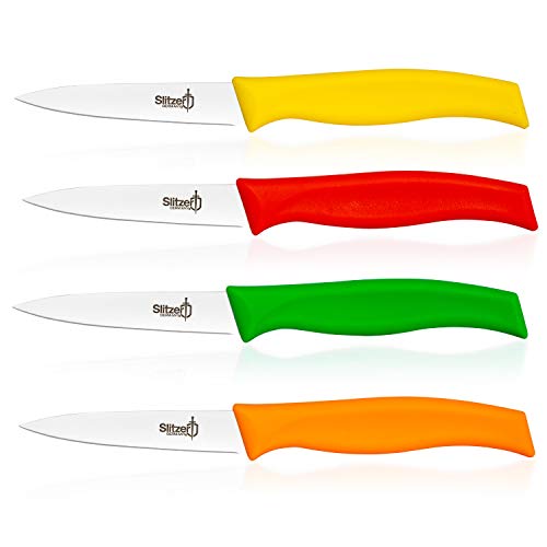 Slitzer Germany 4-Piece 3.5 Inch Paring Knife Set, Stainless Steel Blades, Colored Handles, Red/Yellow/Green/Orange