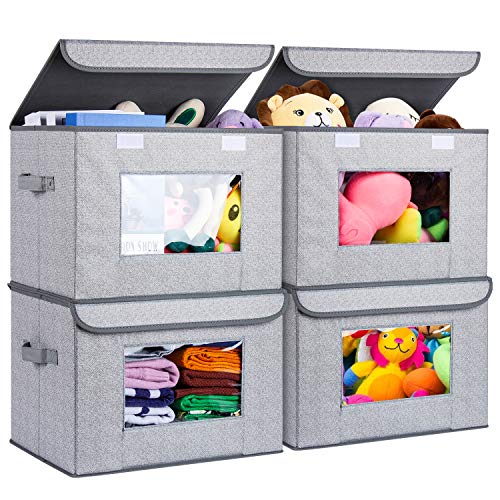 Univivi Foldable Nursery Storage Bin [4-Pack] Fabric Storage Boxes with Lids Large Toy Organizers and Storage for Nursery Bedroom Home (Gray, 17″ x 12″ x 12″)