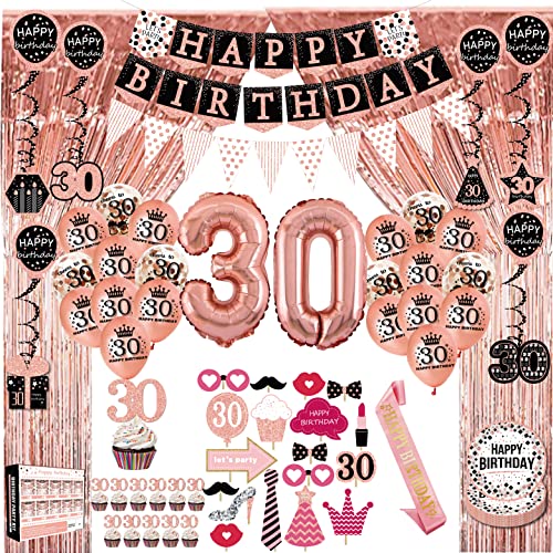 30th birthday decorations for her – (76pack) rose gold party Banner, Pennant, Hanging Swirl, birthday Balloons, Foil Backdrops, cupcake Topper, plates, Photo Props, Birthday Sash for women gift