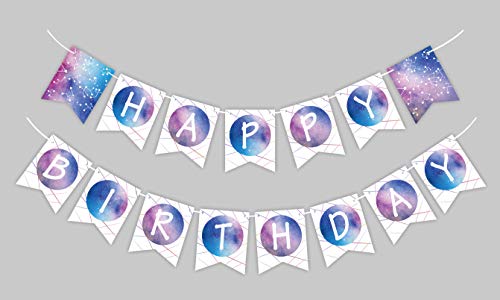 Pre-Strung Galaxy Stars Sky Birthday Banner, Ready to Hang Universe Space Bday Party Sign, Nebula Bunting