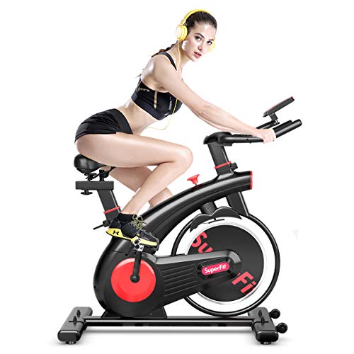 Goplus Indoor Cycling Bike, Upright Stationary Exercise Bicycle with Resistance Adjustment & Heart Rate Monitor, Adjustable Workout Belt Dive Bike for Home/Office/Gym, Black