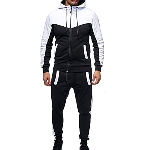Mens Sweatsuits 2 Piece Hoodie Tracksuit Sets CasualColor Block Jogging Suits for Men (2-White Black, XL)