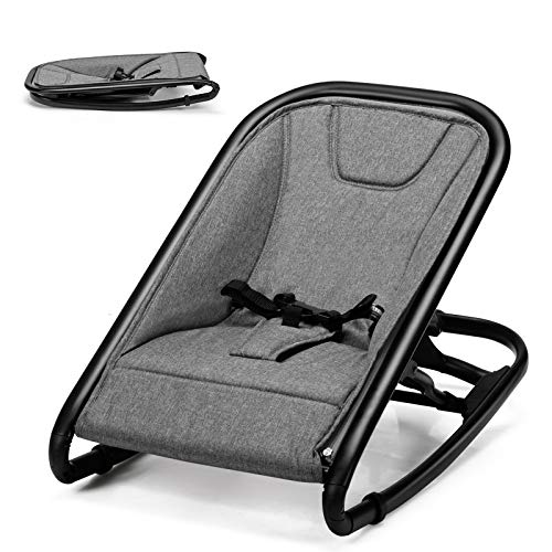 BABY JOY 2 in 1 Baby Bouncer, Portable Baby Rocker with 3-Point Harness, Folding Stationary Seat Infant Bouncer for Babies, Newborns, 33 LBS Weight Capacity (Dark Gray)