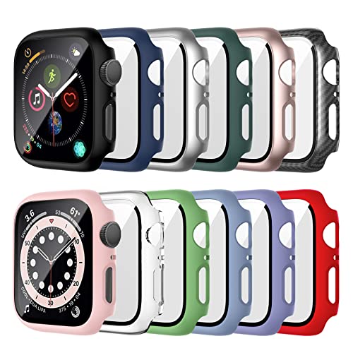 Haojavo 12 Pack Case Compatible for Apple Watch 44mm SE(2022) Series 6/5/4/SE(2019) Tempered Glass Screen Protector, Full Hard PC Scratch Resistant Bumper Protective Cover for iWatch Accessories