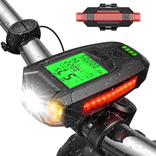 UZOPI Bike Lights Set, USB Rechargeable, Super Bright Front Headlight and Rear LED Bicycle Light for Night Riding, 5 Light Modes, with Speedometer Calorie Counter for Men Women Mountain Cycling