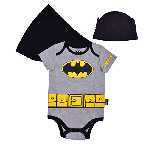 BATMAN Boys’ Bodysuit With Cape and Hat Set for Newborn and Infant – Grey/Black