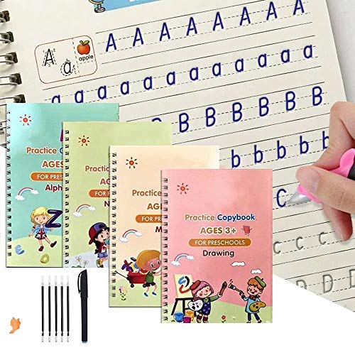 KEHOO 4 Pack Practice Copybook That Can Be Reused, Calligraphy Set for Kids Number Math Drawing Alphabet Handwriting Book,Repeatedly Letter Writing Copybook