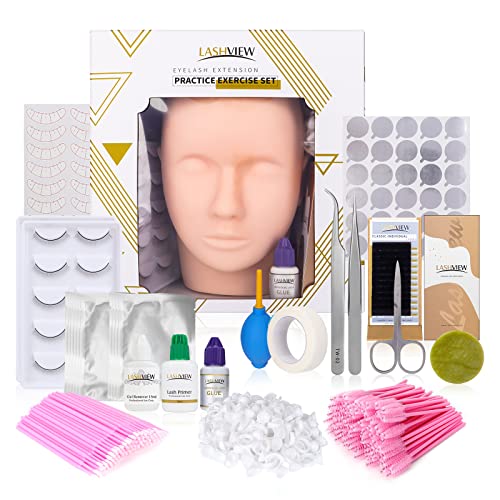 LASHVIEW Eyelash Extension Kit, Lash Extension Practice Kit, with Mannequin Head Practice Exercise Set, Training Lash Extension Supplies for Beginners Include Individual Lashes Glue Tweezers and Training Lashes