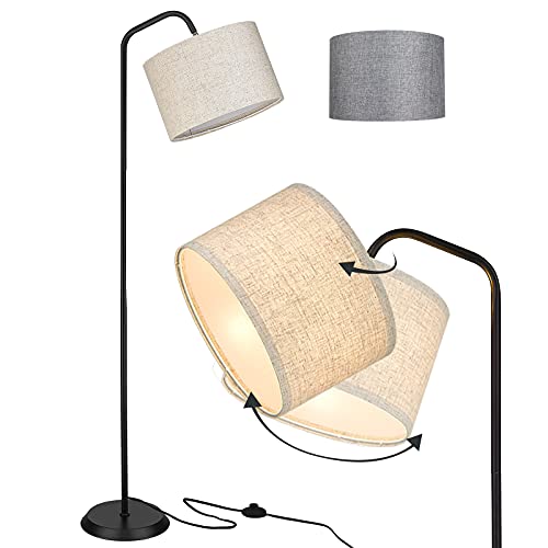 ELYONA Modern Floor Lamp for Living Room, Tall Pole Standing Light with 2 Fabric Shades and 9W LED Bulb, Industrial Reading Light, Adjustable Floor Lamps for Office, Bedrooms, Farmhouse, Black