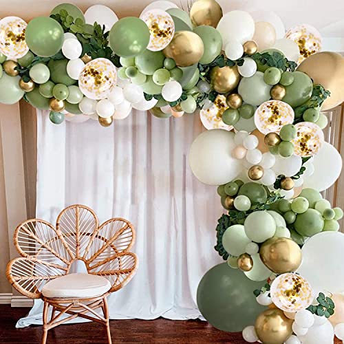 Sage Green Balloon Garland Kit,Pearl White Gold Confetti Balloons for Baby Bridal Shower Wedding Sage Green Birthday Party Decorations