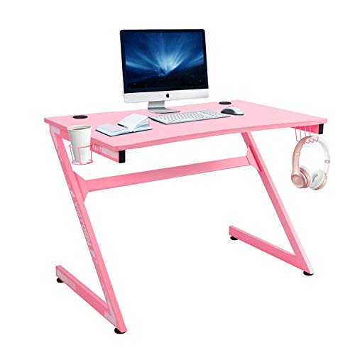YIGOBUY Pink Gaming Computer Desk 43 Inch Gaming Table Z Shape Black Racing Table Student Desk with& Headphone Hook for Kids Adults Home Office Bedroom Computer Workstation (43 inch, Pink)