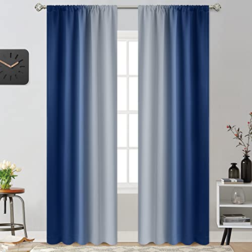 Yakamok Light Blocking Ombre Curtains, Room Darkening Thermal Insulated Gradient Color Curtains, Rod Pocket Window Drapes for Living Room/Bedroom (Blue and Greyish White, 2 Panels, 52W x 84L Inch)
