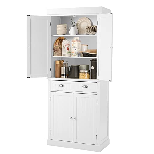 YOLENY Kitchen Pantry, 72” Freestanding Storage Cabinets with Doors and Shelves, Elegant Colonial Design Cabinet Cupboard with 3 Adjustable Shelves and 1 Storage Drawer,White